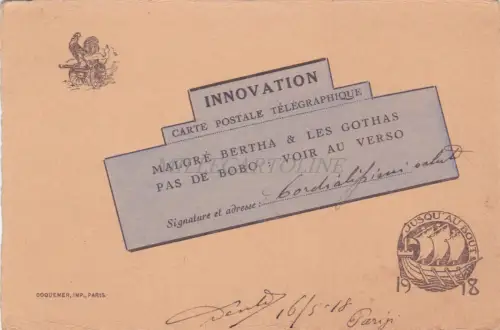 FRANKREICH - Innovation, telegraphische Postkarte - Bis zum Ende 1918 WWI