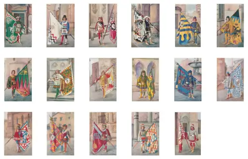 SIENA - I 17 Paggi delle Storiche Contrade, 17 Masignani Postkarten mit Box