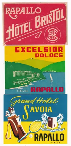 RAPALLO - 3 Hoteletiketten Luggage Label - Hotel Bristol Savoia Excelsior