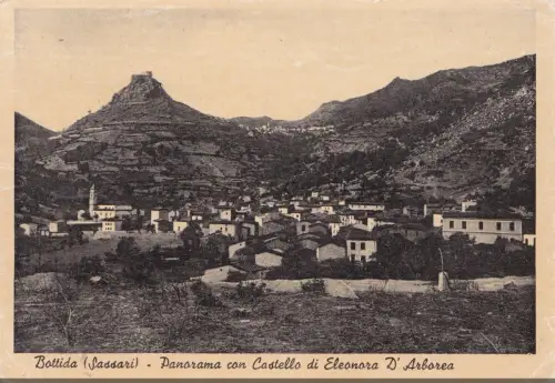 FLASCHE - Panorama mit Schloss von Eleonora D'Arborea, Postkarte 1956
