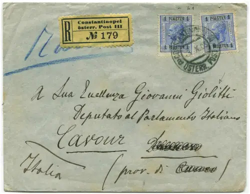 ÖSTERREICH LEVANT, EINGETRAGEN AUS KONSTANTINOPEL, 2 BRIEFMARKEN ÜBERDRUCKT 1 PIASTER m