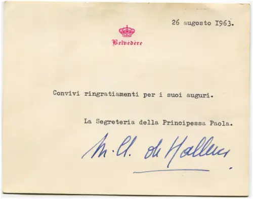 ROYALTY BELGIQUE BELGIEN, DANKESKARTE VON PRINZESSIN PAOLA, AUG 1963 m