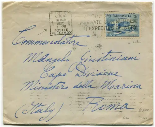 AUSTRALIEN-ITALIA SHIPPING CO LTD, ANNUL SYDNEY, 1932, BRIEFMARKE 3 D m