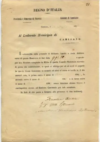 HEMD (VI), VERPFLICHTUNG ZUR ZAHLUNG DES RAHMENDIENSTES NATIONALGARDE, 1867 (1) m