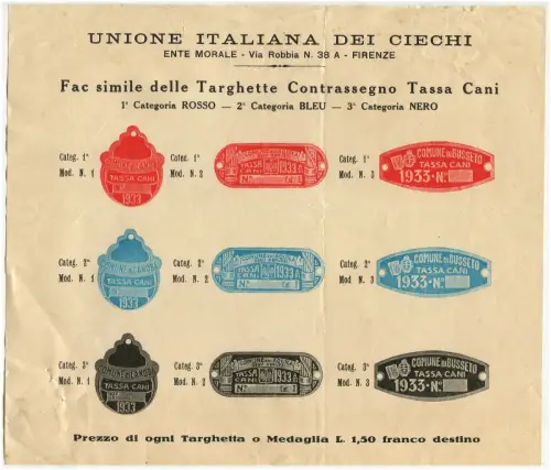 ITALIENISCHE BLINDE UNION, ÄHNLICHE SCHILDER KENNZEICHNUNG HUNDESTEUER 1933 m