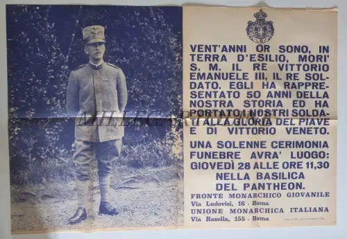 UNIONE MONARCHICA ITALIANA - Ventennale Morte Vittorio Emanule III Pantheon