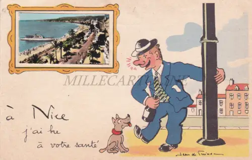 FRANKREICH - Schöner, betrunkener Mann mit Hund, Postkarte 1958