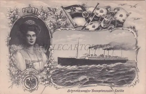 NORDDEUTSCHER LLOYD BREMEN - Kronprinzessin Cecilie, Portrait & Flag, Postkarte 1