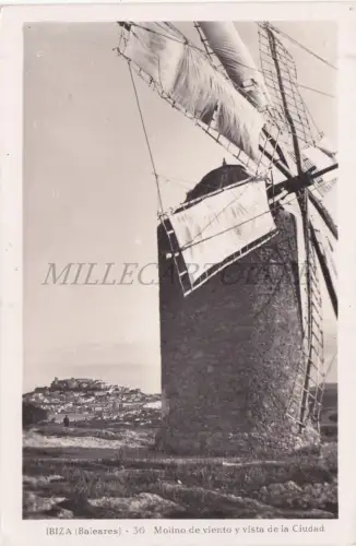 SPANIEN - Ibiza, Balearen, Windmühle und Stadtblick, Foto Postkarte