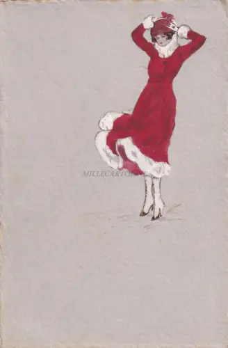 MODE - Damen im roten Kleid - Handkoloriertes Design um 1910