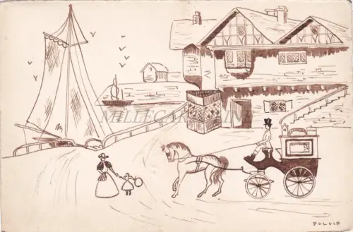KUTSCHE AN DER PROMENADE - 60 Jahre Erinnerung, Handzeichnung 1952 Fulvia