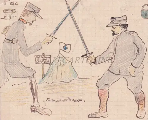 WWI - Blaues Kreuz, Militär, Handzeichnung des entführten Schlosses