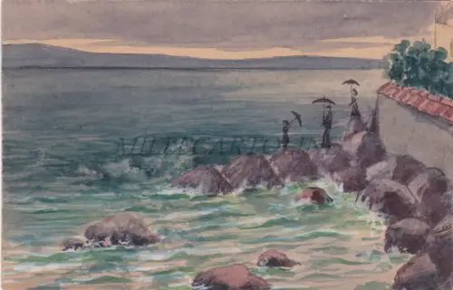 KLIPPE MIT BEWEGTEM MEER - Aquarell - handgezeichneter Karton
