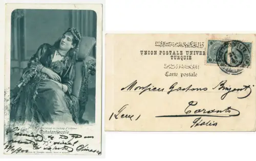 TÜRKEI POSTKARTEN TRACHT, OSTÖSTERREICH ANNULIERUNG KONSTANTINOPEL II, 1900 m