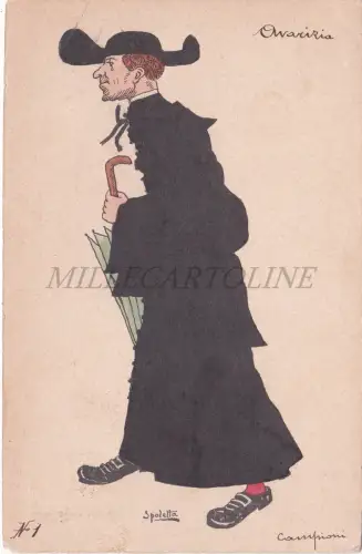 RELIGION - Priester, Gier, Spule, handgezeichnete und kolorierte Postkarte