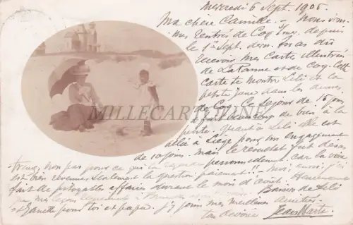 BELGIEN - Evere, Frau und Baby Mädchen am Meer, Foto Postkarte 1905
