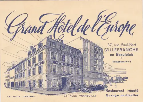 GRAND HOTEL DE L'EUROPE - Villefranche en Beaujolais, Karton mit Karte