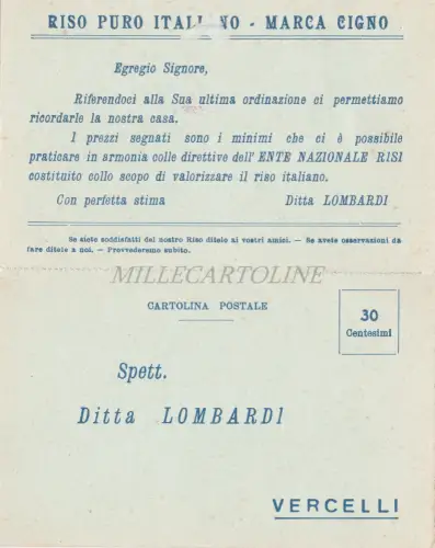 REINER ITALIENISCHER REIS MARKE SCHWAN - Firma Lombardi Vercelli 1936, Doppelkarte