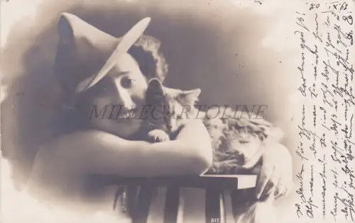 FRAU MIT KATZE - Foto Postkarte 1902 Zürich