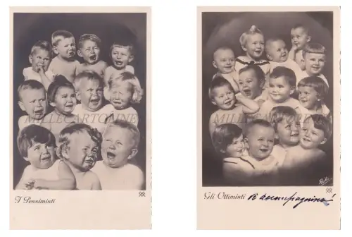 DIE PESSIMISTEN & OPTIMISTEN - Kinder 1935, 2 Foto Postkarten