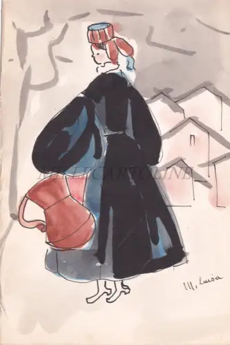 ADLER - FRAU, DIE WASSER HOLT - Skizze signiert M. Luisa