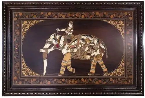 Wandbild „Krishna – Gott der schönen Künste auf Elefant, Meisterstück“ Ostindisch Palisander, massiv, Intarsie 2.0 mm, 120 x 80 cm.