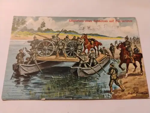 Übersetzen eines Geschützes auf Pontonfähre Postkarte: