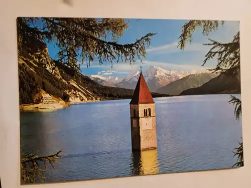 Vinschgau . Turm des versunkenen Graun mit Ortler Postkarte: