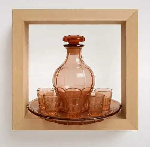 ​​Vintage Likör-Set Art Déco Pressglas Rosé 7-teiliges Schnaps-Set 