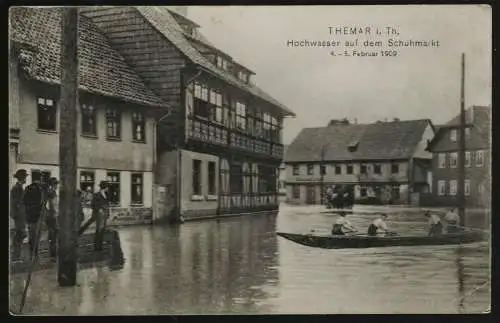 [Echtfotokarte schwarz/weiß] Themar i. Th. Hochwasser auf dem Schuhmarkt 4.-5.Februar 1909. 