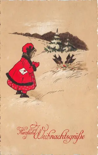 BG8388 Mädchen füttert Spatz Vogel weihnachten Weihnachtsgrüße Germany