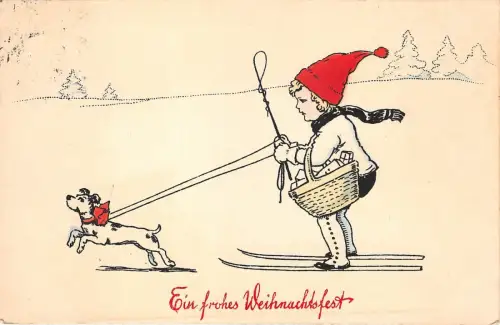 BG14633 Mädchen Skifahren mit Hund Weihnachten Germany