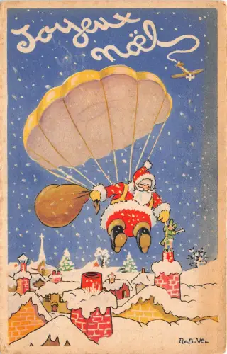 US6432 Weihnachtsmann mit Fallschirm Noel Weihnachten Frankreich Grüße