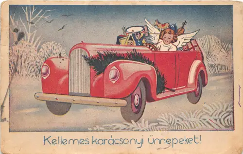 Lot273 Karacsony Weihnachten Ungarn Engel Mädchen fährt Auto mit Spielzeug Grüße