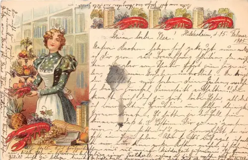 Lot 77 Deutschland Frau mit Essen Krabbe Litho Früchte Postkarte Meeresfrüchte