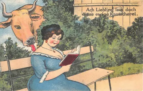 Lot169 ewige knutschende Frau liest und eine Kuh Comic Postkarte Österreich Wien