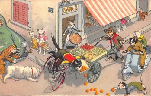 Lot108 Katze fällt mit Fahrrad Comic vermenschlicht vermenschlicht Schweiz