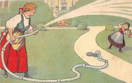 Lot124 Frau bewässert ein Mädchen mit einem Schlauch Comic Budapest Werbung Ungarn