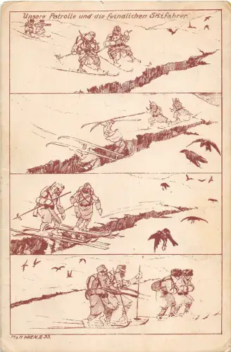 Lot272 Unsere Patrouille und die feindlichen Skifahrer Wien Österreich Comic Postkarte