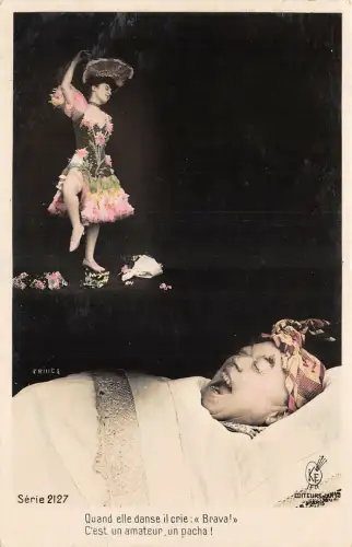 US6162 Mann träumt von einer tanzenden Frau Comic Postkarte Frankreich Surrealismus
