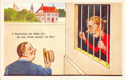 Lot170 Mann verlässt seine Frau im Sanatorium Deutschland Comic Postkarte Gefängnis