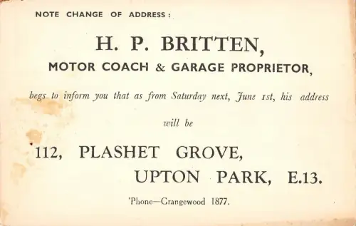 BR98617 Hinweis Adressänderung H P Britten Motor Coach Upton Park London UK Auto