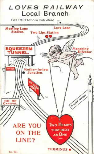 Lot223 liebt Eisenbahn Lokaler Zweig Comic Postkarte Amor Romantik UK Amor