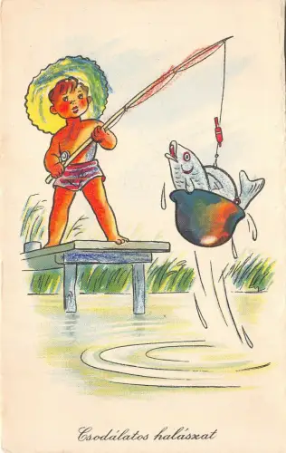 Lot 80 AK Kind Angeln Comic Macskassy Janos Künstler signiert 2 Ungarn