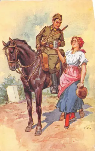Lot325 Soldat auf Pferd mit Frau Postkarte Praha Prag Tschechien Militär