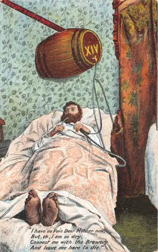 Lot334 Brauereiversorgung Pfeifenmann trinkt aus einem Fass Bier Comic Postkarte betrunken