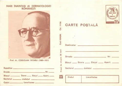 B8264 Entier Postaux Rumänische Derma Dermathologie Ärzte Coriolan Tataru