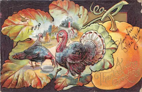 US5674 Turkey Pumpkin Thanksgiving Embossed Greetings USA