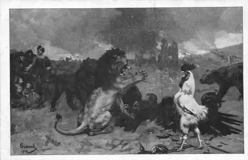 Lot122 Surrealismus Löwe kämpfender Geier Bär Gemälde Postkarte Surand Frankreich
