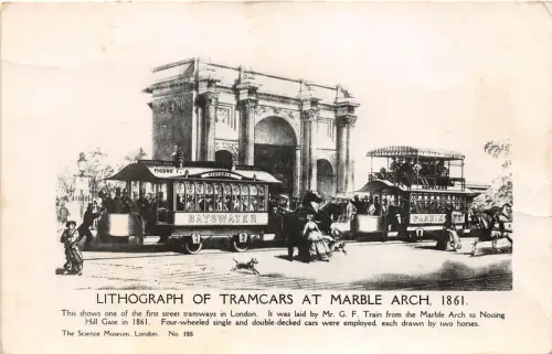 br107903 Lithographie von Straßenbahnwagen und Marmorbogen London UK Straßenbahn Tramway